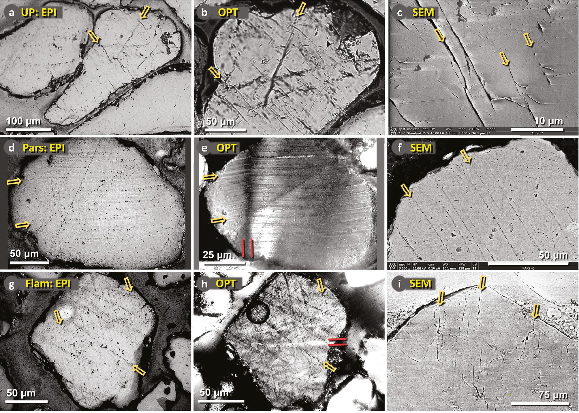 Shock-fractured quartz grains from Newtonville Site (a-c), Parsons Island Site (d-f), and Flamingo Bay (g-i). Images were acquired using optical microscopy and SEM. Yellow arrows identify selected shock fractures. Visible fractures were subsequently determined by EBSD and TEM to contain amorphous silica. In panels e and h, the red bars mark selected areas of undulose extinction that occur under crossed polarizers when different parts of the grain reach extinction at different polarities. This optical phenomenon commonly results from heterogeneous distortion of the crystal’s lattice by mechanical or thermal stress. (a) Newtonville (UP-11–13 cmbd) 23x13; epi-illuminated microscope (EPI) image. (b) Newtonville (UP-11–13 cmbd) quartz grain 23x13; transmitted-light optical microscope (OPT) image. (c) Newtonville (UP-11–13 cmbd) 23x13; secondary electron scanning electron microscope (SEM) image. (d) Pars-45 quartz grain 22x12; EPI image. (e) Pars-45 quartz grain 22x12; OPT image under crossed polars, rotated slightly off maximum for greater visibility. (f) Pars-45 quartz grain 22x12; backscatter electron scanning electron microscope (SEM-BSE) image. (g) Flam-52.5 quartz grain 33x-07; EPI image. (h) Flam-52.5 quartz grain 33x-07; OPT image under crossed polars, rotated slightly off maximum for better visibility. (i) Flam-52.5 quartz grain 20x12; SEM-BSE image.