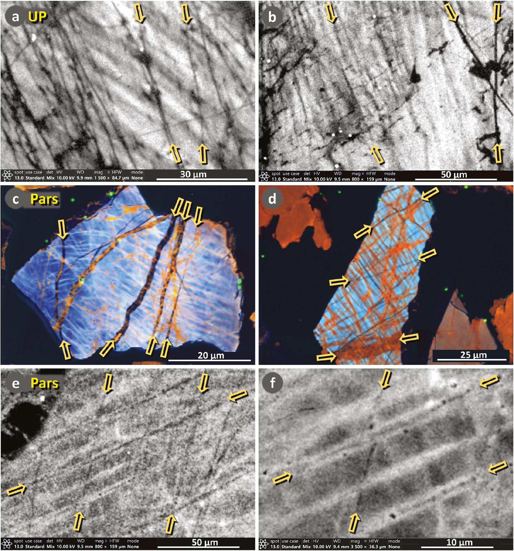 Shock-fractured quartz grains from Newtonville Site (a-b), and Parsons Island Site (d-f), and Flamingo Bay (g-i). Images were acquired using SEM-based cathodoluminescence (CL). Yellow arrows mark linear, non-luminescent black bands, commonly accepted to indicate open fractures or, in this case, amorphous material [38, 101–103]. (a) Newtonville (UP-11–13 cmbd) quartz grain 35x03. Panchromatic CL image. (b) Newtonville (UP-COA1) quartz grain 08x-03. Panchromatic CL image. (c) Pars-45 quartz grain 09x-12. Composite color (RGB) CL image. Blue represents unmelted quartz; orange represents melted quartz that has been annealed; black represents fractures filled with amorphous silica. Note that the fractures in this grain radiate from the area at the upper right, potentially resulting from a high-pressure collision with another grain. (d) Pars-45 quartz grain 07x06. Composite color (RGB) CL image. (e-f) Pars-45 quartz grain 22x12. Panchromatic CL image.