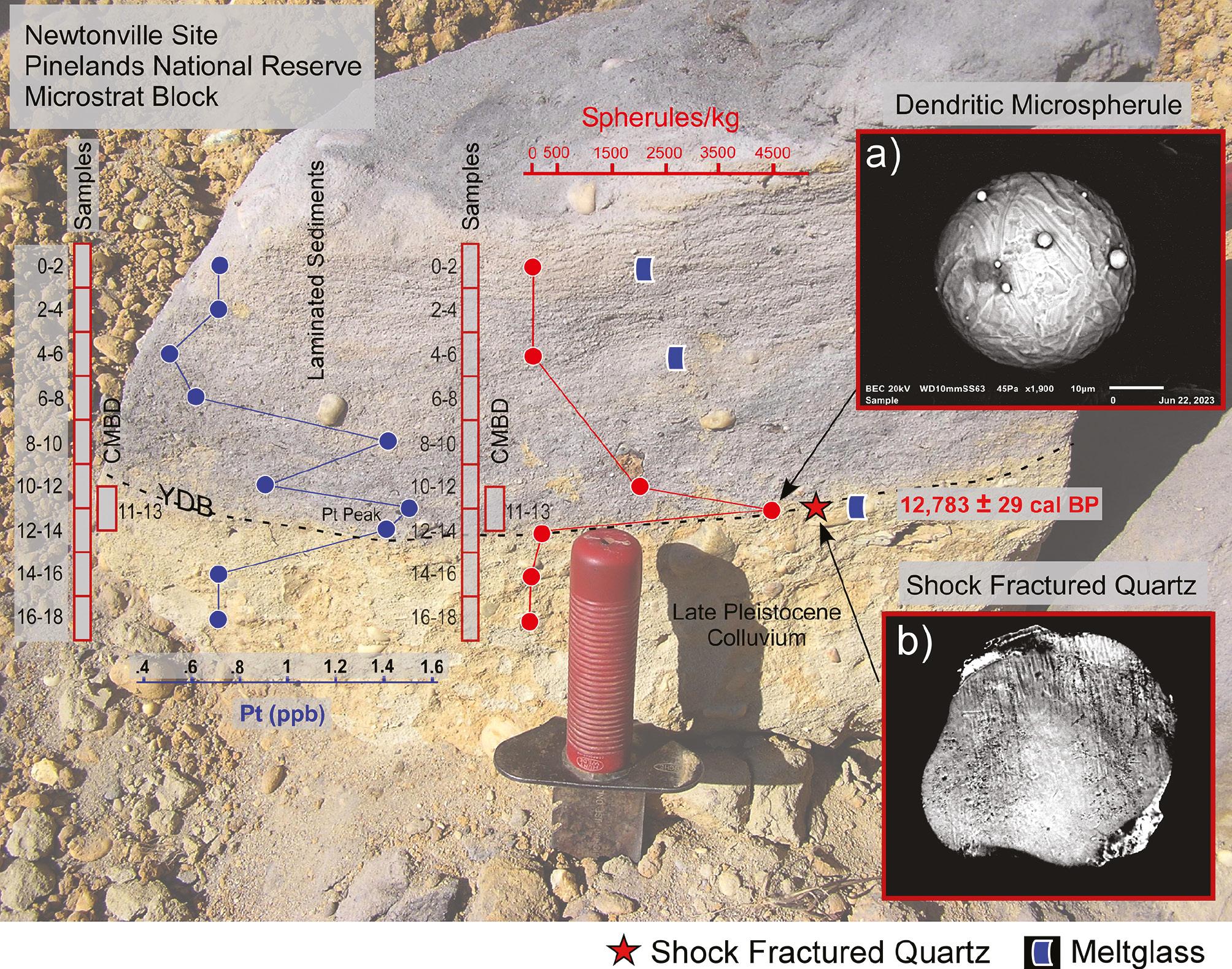 Newtonville microstratigraphic block distribution of cosmic-impact-related proxies. Pt (ppb = ±0.1); YDB-aged microspherules (peak = 4,483/kg); shock-fractured quartz and meltglass in the Newtonville, New Jersey sedimentary section across the onset of the YD. This level marks the boundary (12,783 cal BP) between late Pleistocene colluvium (brown) and the YD gray sediments in the microstratigraphic block sampled at 2-cm intervals. The stratigraphic level of shock-fractured quartz is from sample COA-1 at the base of the gray sediment layer (click on Supplementary Information Figure 1), a YDB AMS date (12,783 ± 29 cal BP; 95% range: 12,833–12,738 cal BP on glasslike carbon (GLC) and the level of the microspherule peak. The dendritic microspherule image (a) was produced using SEM, and the shock-fractured quartz grain image (b) is an optical image using transmitted light (click on Supplementary Information Table 1). Meltglass fragments (click on Supplementary Information Figures 21–22), indicated by the symbol, peaked in the YDB layer, with a few above the YDB likely due to redeposition. The background image shows the intact sedimentary block (∼25 × 30 × 20 cm) surrounded by loose sediment from the sandpit profile where it was detached. Since sandpit mining operations scalped the original surface, sample depths are shown as centimeters below datum (cmbd). The base of gray sediment is estimated to have been 30–40 cm below the current surface (cmbs) [94].